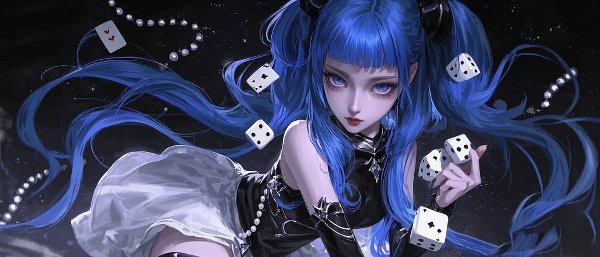 藍髮插畫少女被飛散的白色骰子與撲克牌環繞,示意遊戲類優惠需要保留注單截圖的情境